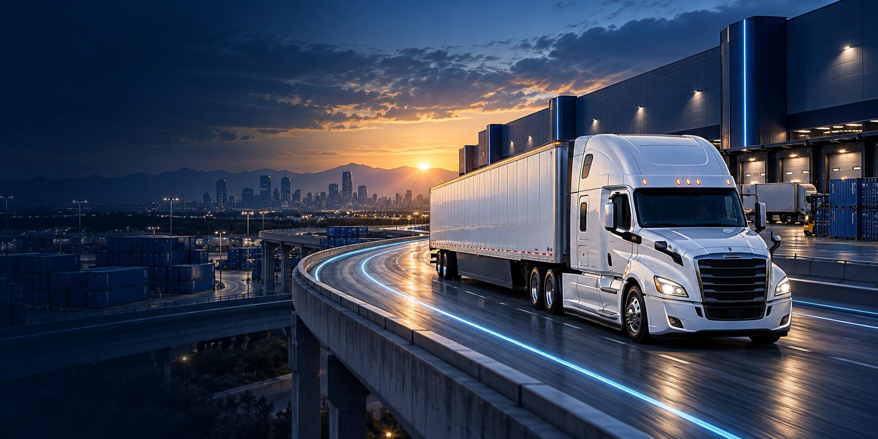 Dimensional illustration of a semi truck and logistics center at sunrise