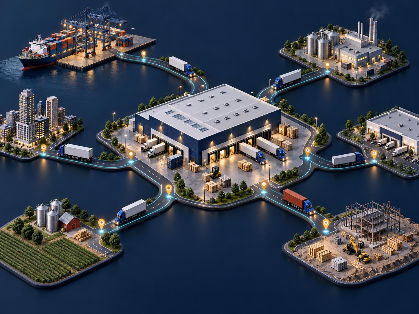 3D illustration of warehouses and freight routes connected through a central logistics hub